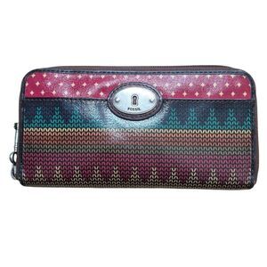Fossil Women's Colorful Patterned Key-Per Zip Around Wallet Boho 90s Y2K Coated